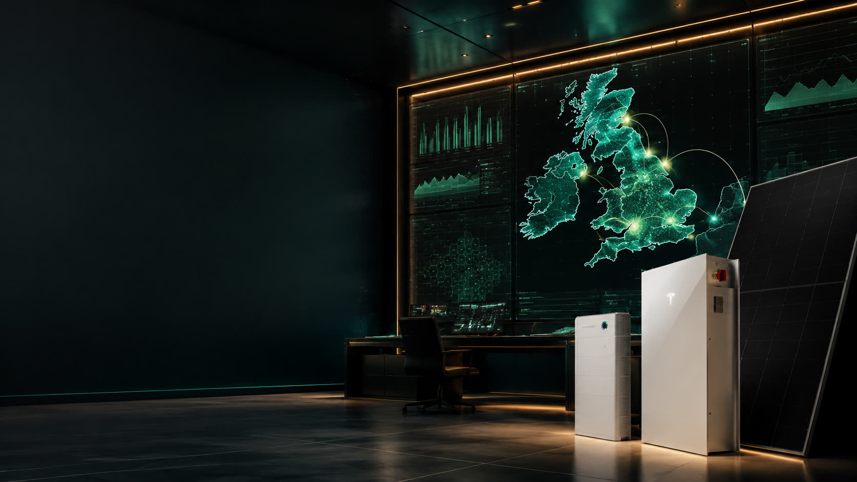 PoweredLeads solar lead generation command room showing a UK territory map, solar panels, battery storage, and private homeowner enquiry dashboards.