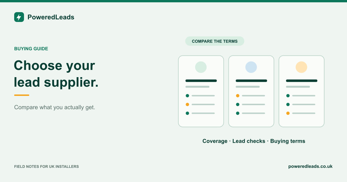 Three supplier cards showing different coverage, lead checks and buying terms.