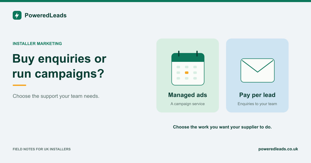A campaign calendar represents managed advertising beside an enquiry envelope representing pay per lead.