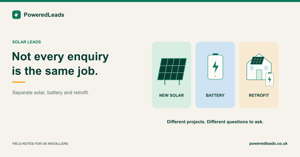Three distinct project cards illustrate new solar panels, a battery and a battery retrofit at a solar home.